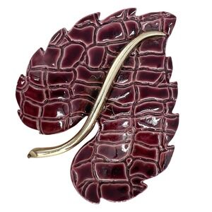 Vintage Enamel Leaf Brooch Burgundy Croc Texture Gold Tone Pin Signed Ultra  80s